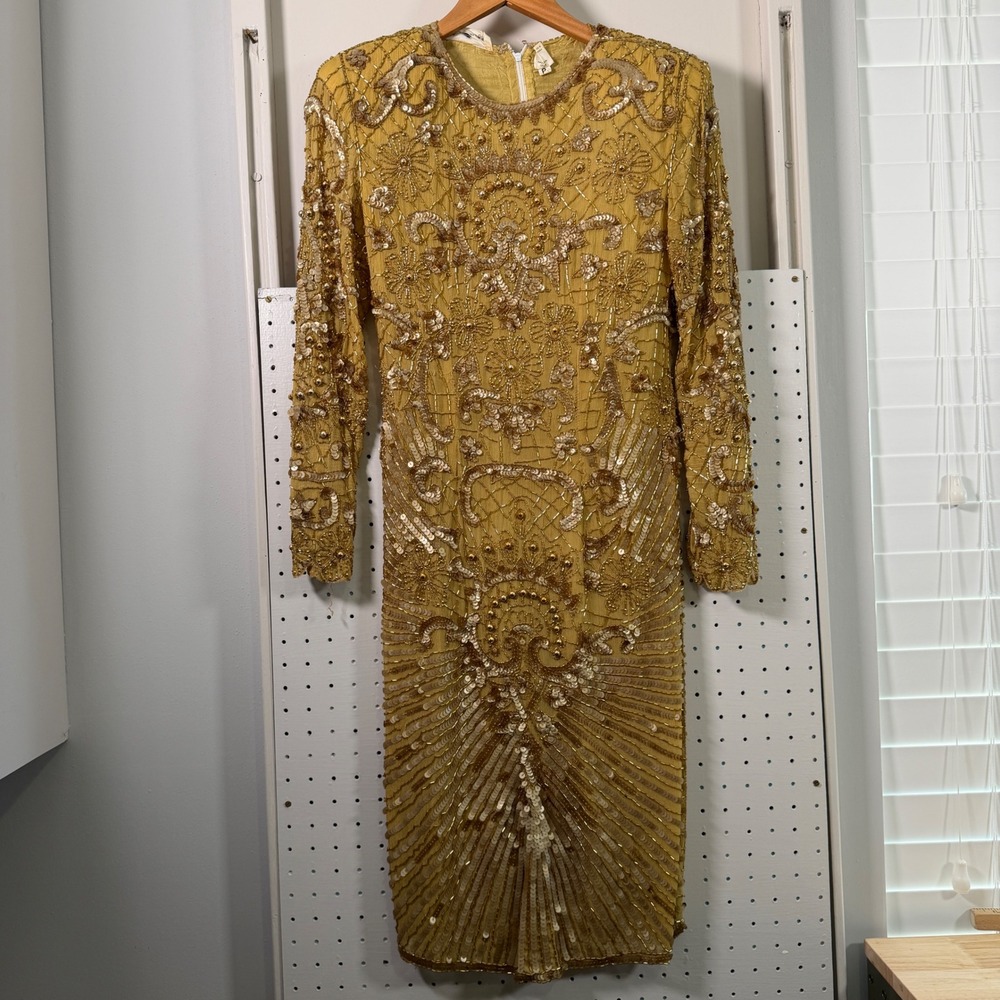 Lillie Rubin Vintage Gold Silk Beaded Sequin Long Sleeve Evening Dress Petite P